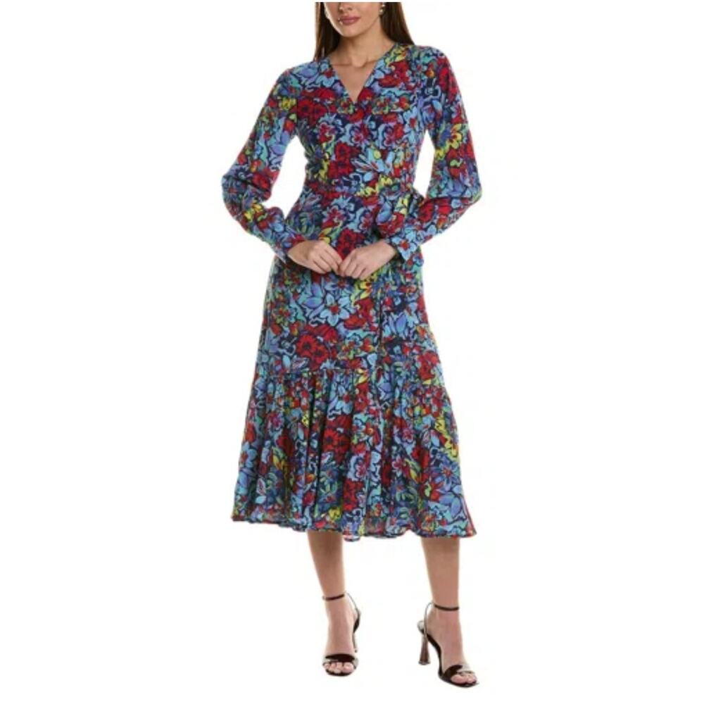 Anthropologie Hutch Kala Blue Red Floral Wrap Midi Dress Medium